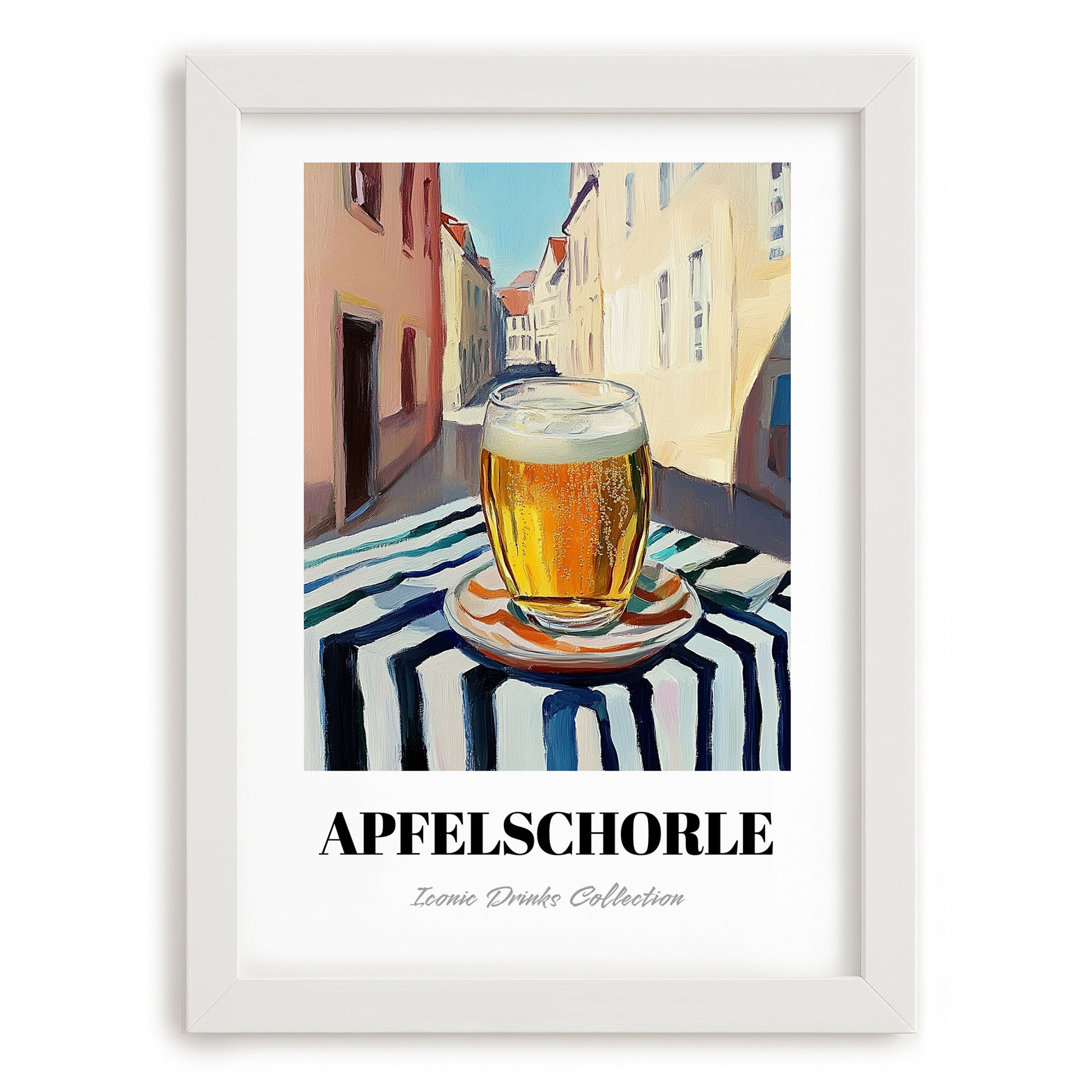 Apfelschorle – German Urban Café Scene, German Beverage Wall Art, placed in minimal white frame