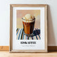 Eiskaffee – on Striped Tablecloth, German Coffee Wall Decor, in wooden frame leaning on the floor