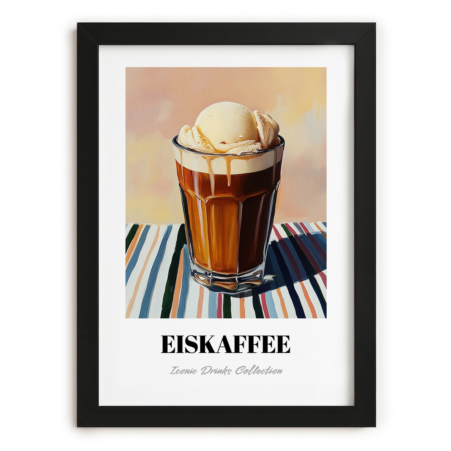 Eiskaffee – on Striped Tablecloth, German Coffee Wall Decor, in sleek black frame