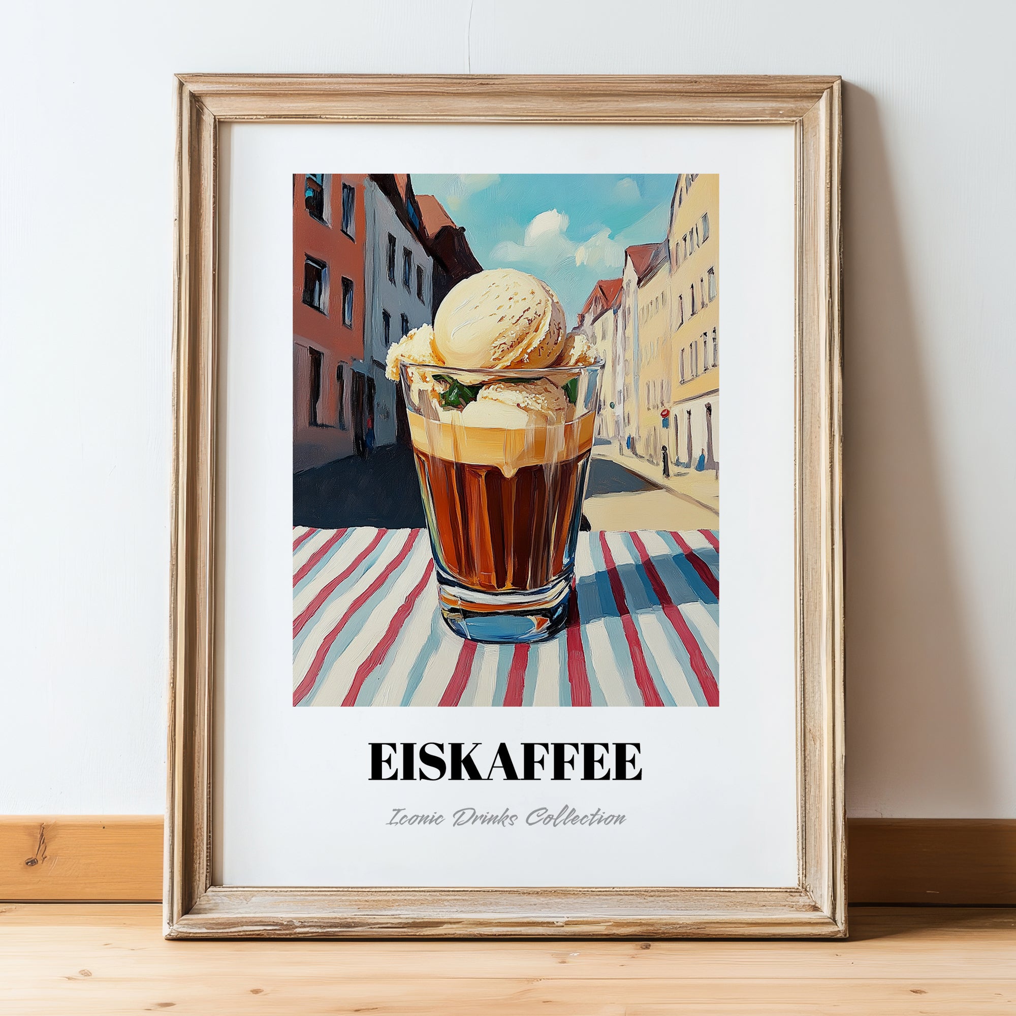 Eiskaffee – German Street Café Scene, German Coffee Wall Poster, in wooden frame leaning on the floor