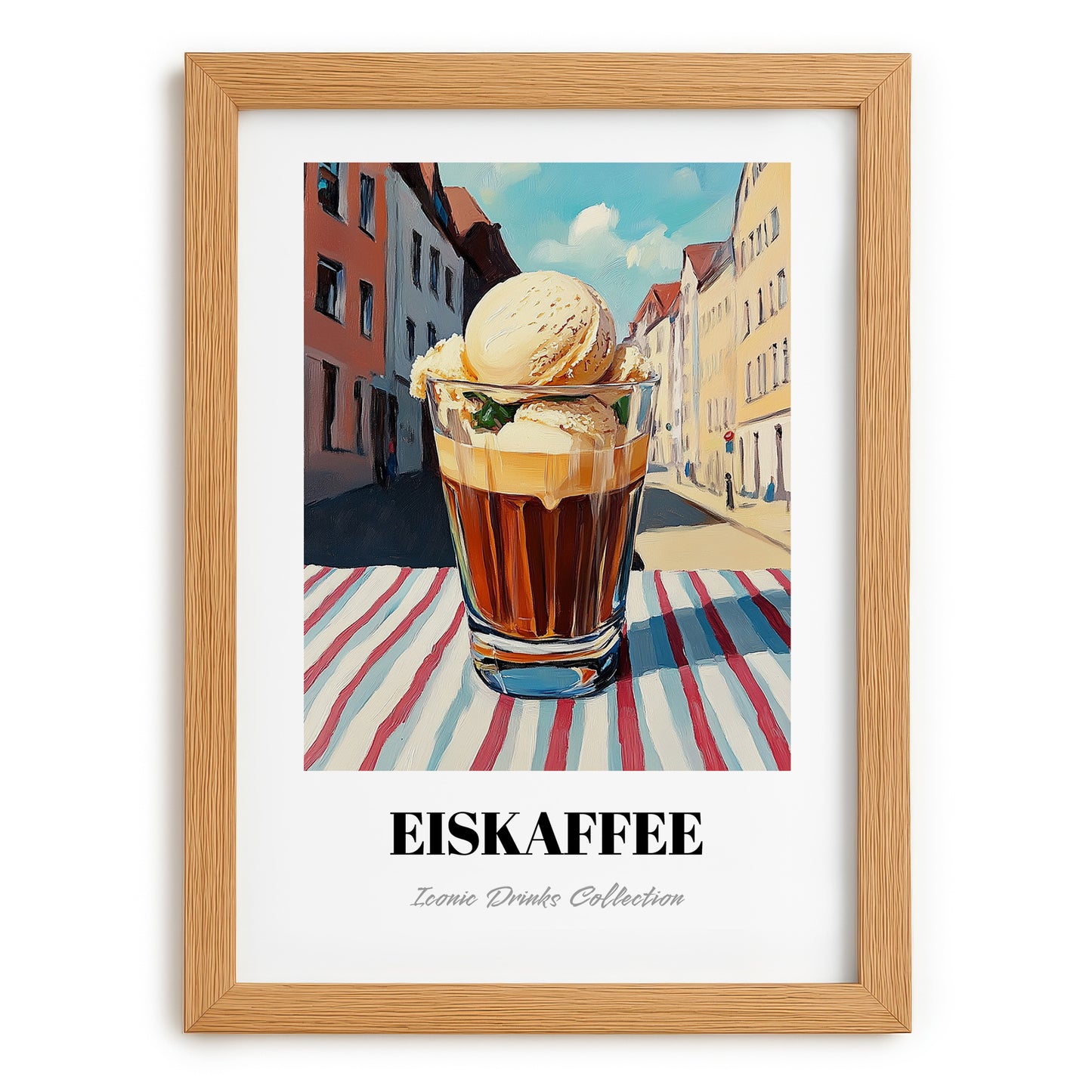 Eiskaffee – German Street Café Scene, German Coffee Wall Poster, set in oak frame