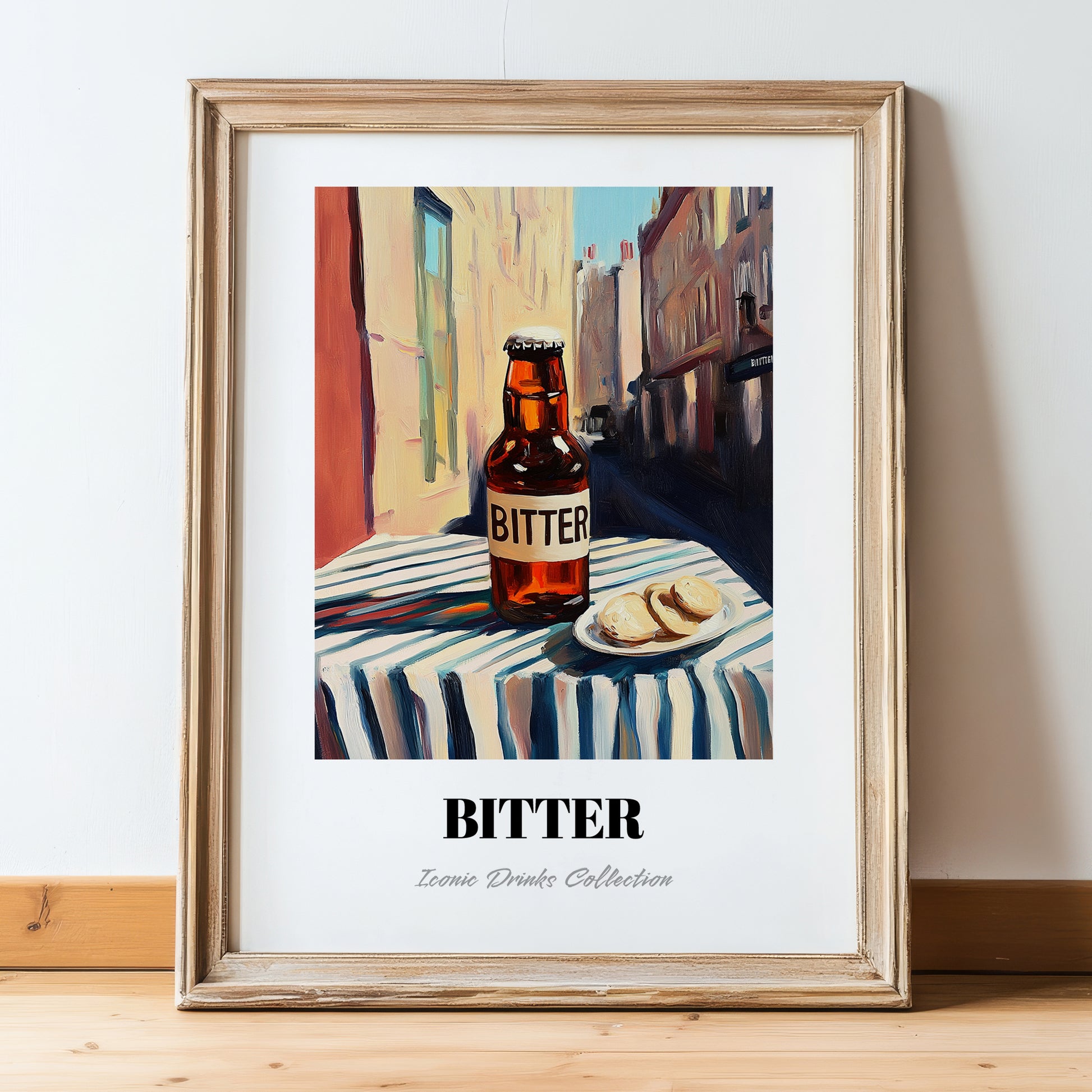 Bitter – English Street Café Scene, English Beer Still Life, in wooden frame leaning on the floor