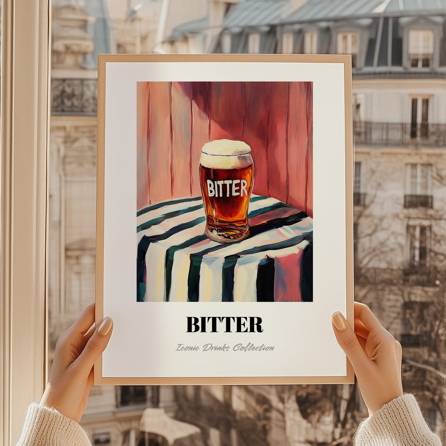 Bitter – on Striped Tablecloth, English Beer Wall Art, styled in a charming Paris street view