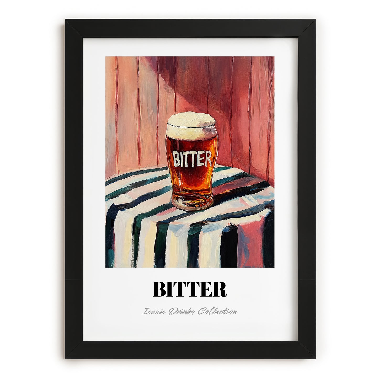 Bitter – on Striped Tablecloth, English Beer Wall Art, in sleek black frame