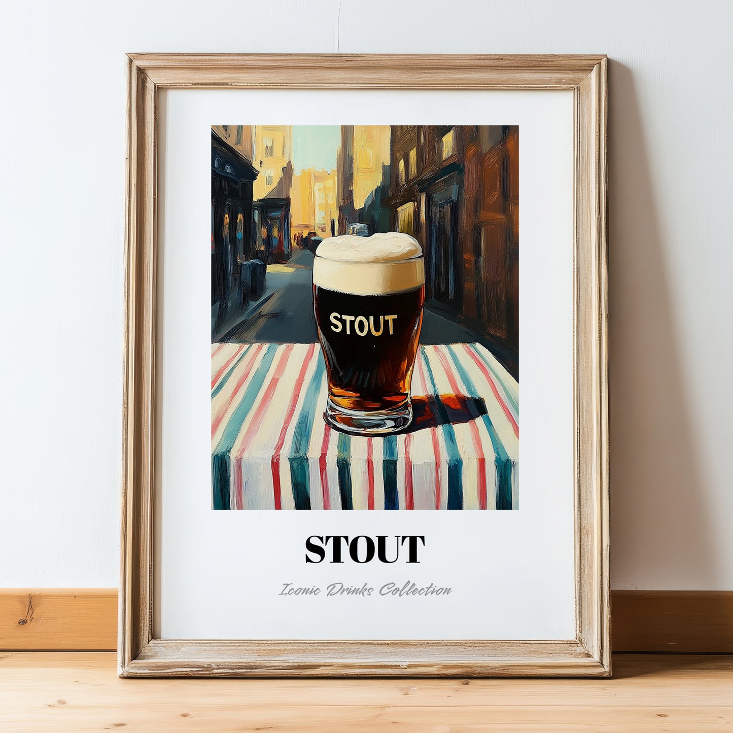 Stout – English Outdoor Café Scene, English Beer Painting, in wooden frame leaning on the floor