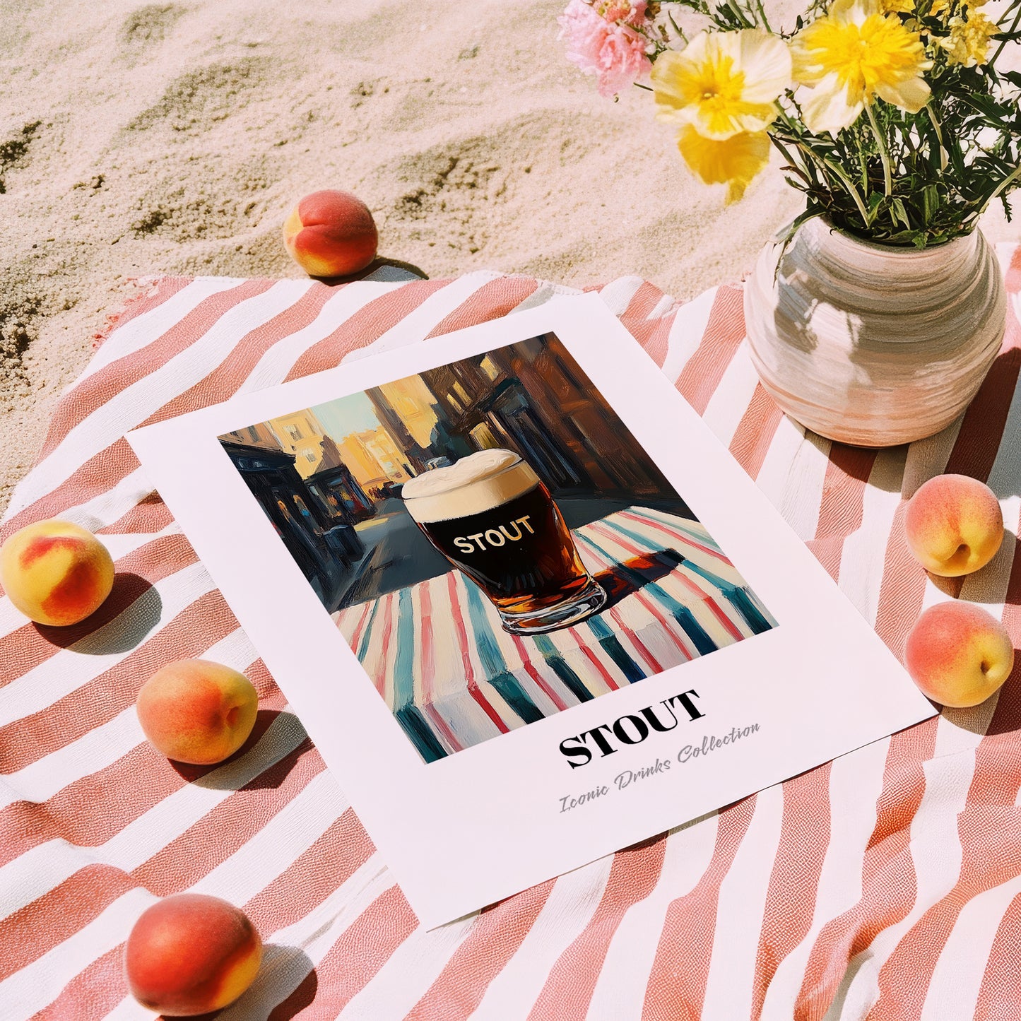 Stout – English Outdoor Café Scene, English Beer Painting, unframed on coastal sand