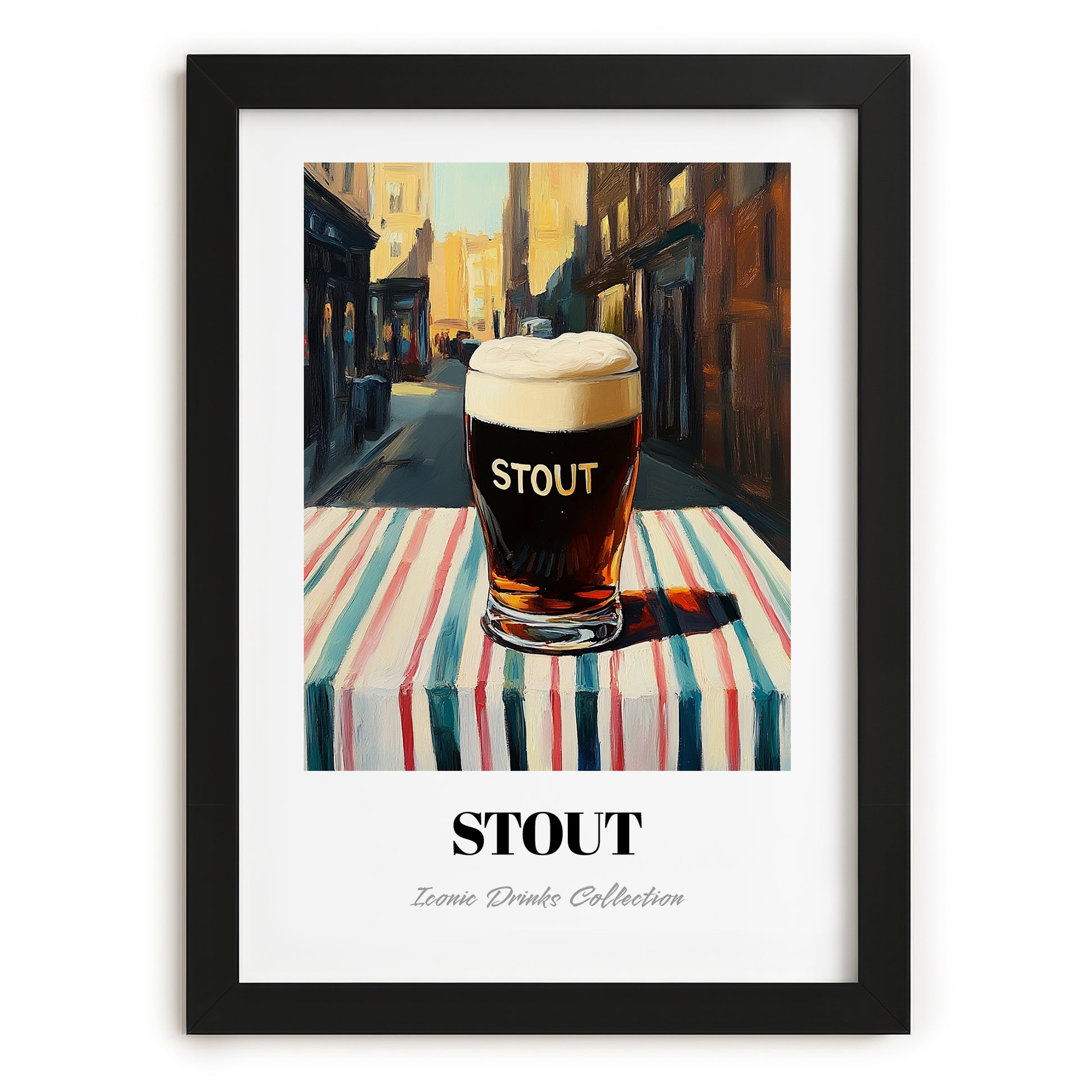 Stout – English Outdoor Café Scene, English Beer Painting, in sleek black frame