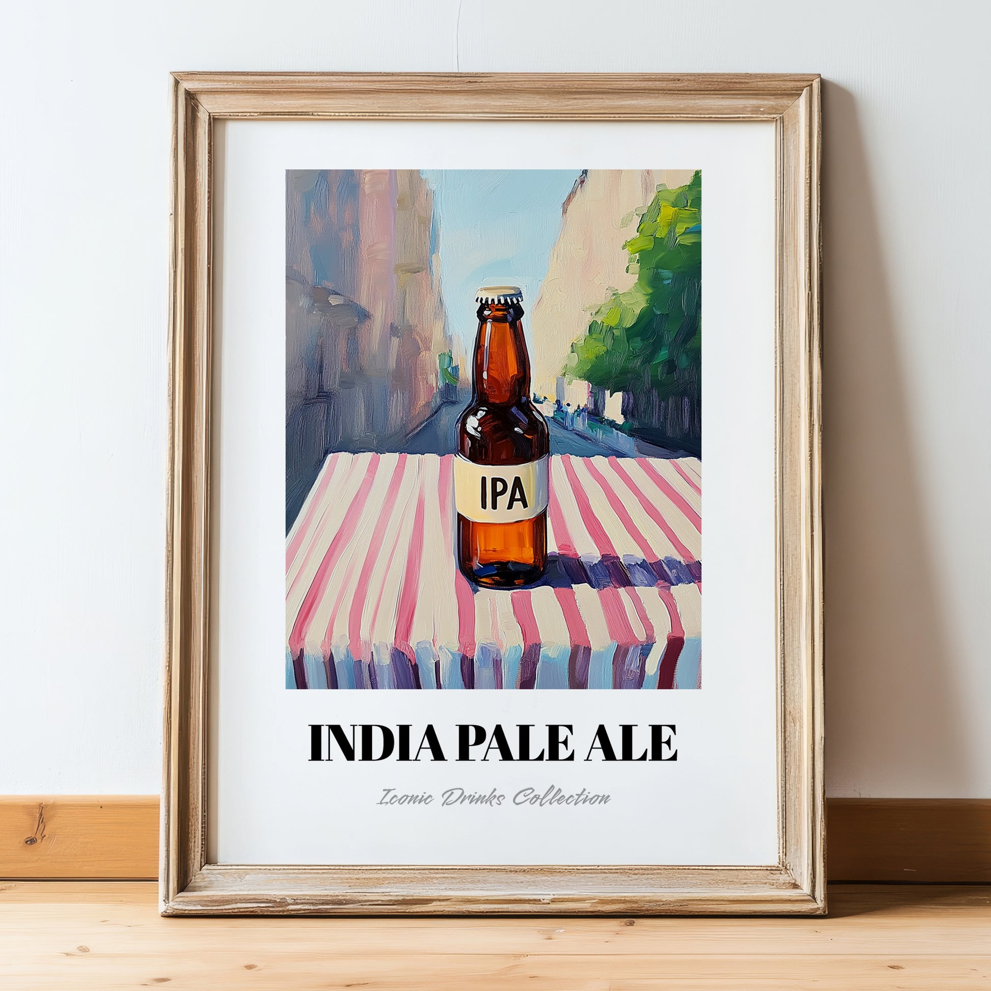 IPA – English Street Café Scene, English Beer Illustration, in wooden frame leaning on the floor