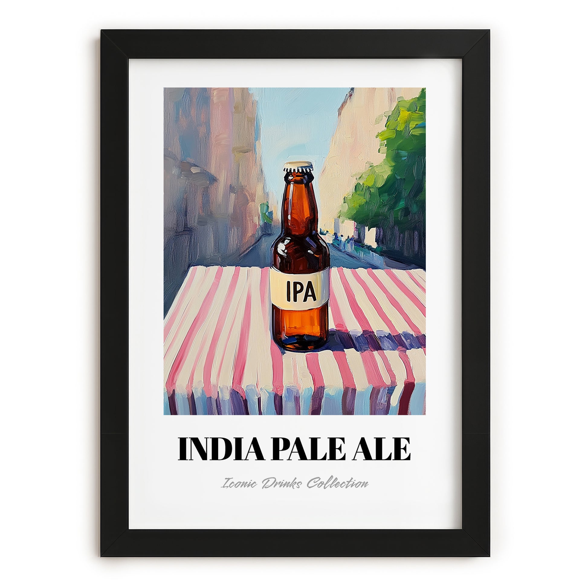 IPA – English Street Café Scene, English Beer Illustration, in sleek black frame