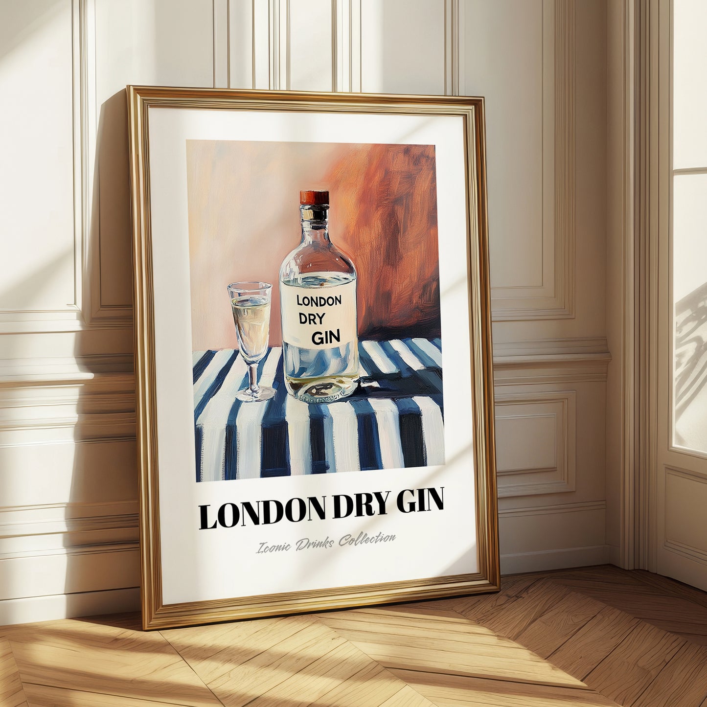 London Dry Gin – on Striped Tablecloth, English Spirit Illustration