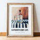 London Dry Gin – on Striped Tablecloth, English Spirit Illustration, in wooden frame leaning on the floor