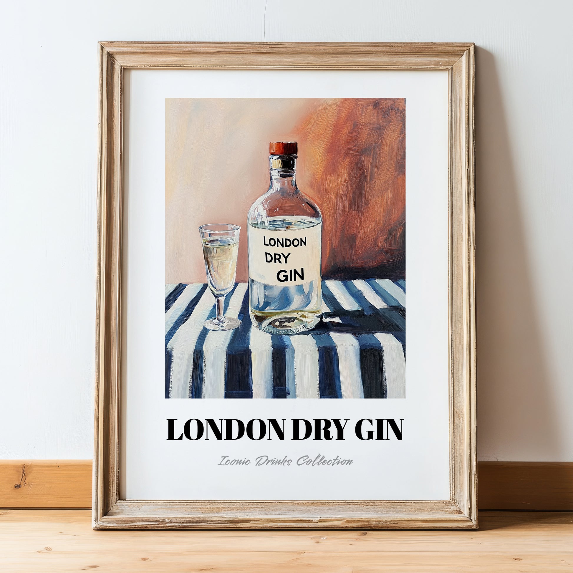 London Dry Gin – on Striped Tablecloth, English Spirit Illustration, in wooden frame leaning on the floor