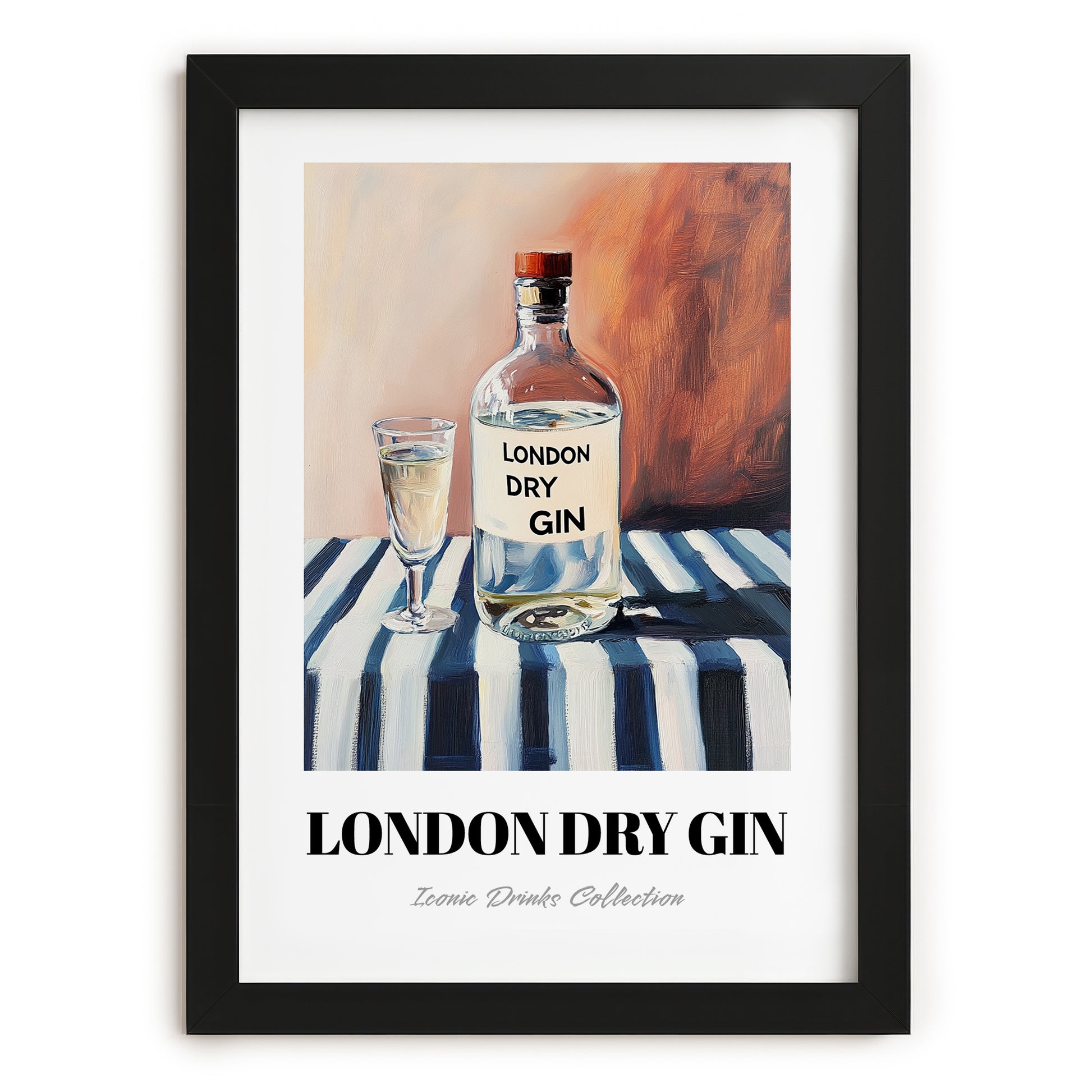 London Dry Gin – on Striped Tablecloth, English Spirit Illustration, in sleek black frame