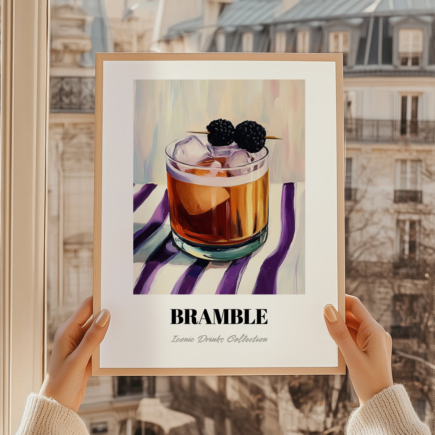 Bramble – on Striped Tablecloth, English Cocktail Wall Decor, styled in a charming Paris street view