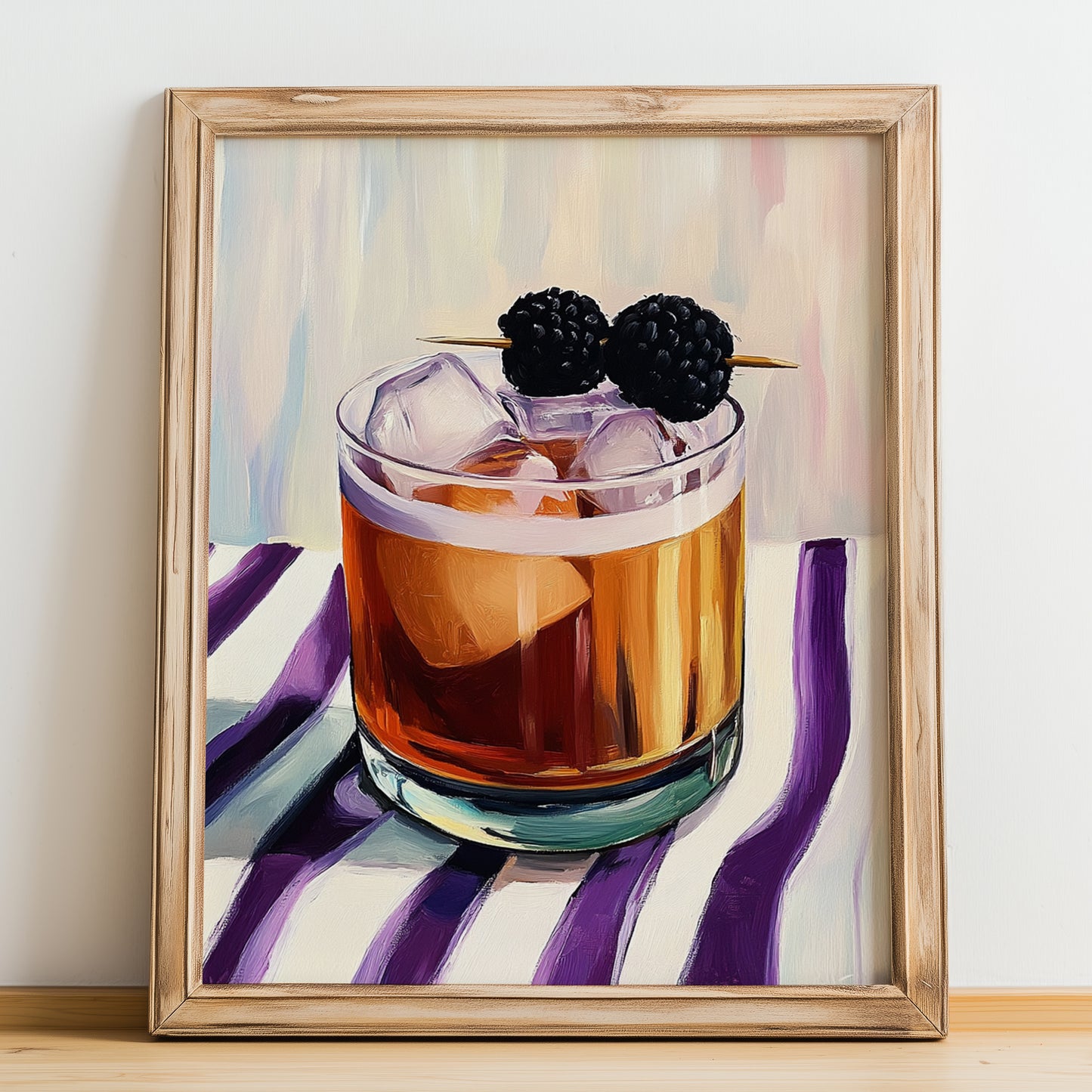 Bramble – on Striped Tablecloth, English Cocktail Wall Decor, no-text version framed in wood