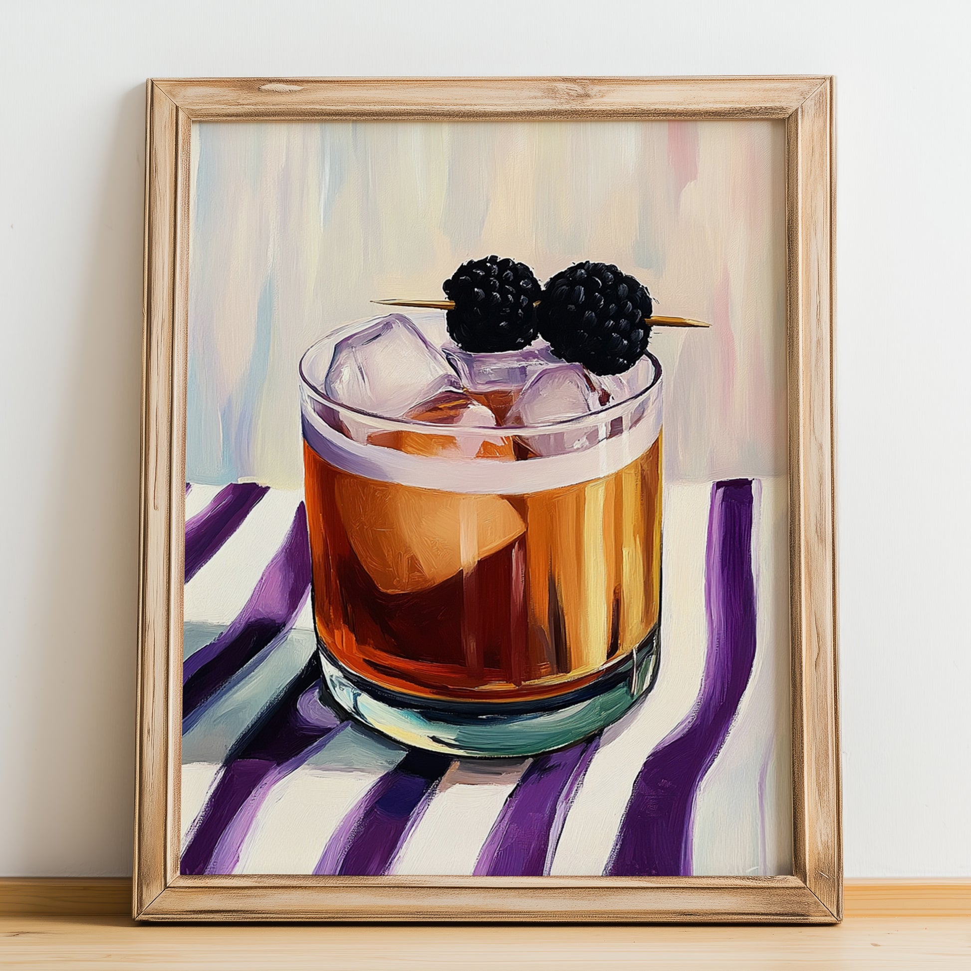 Bramble – on Striped Tablecloth, English Cocktail Wall Decor, no-text version framed in wood