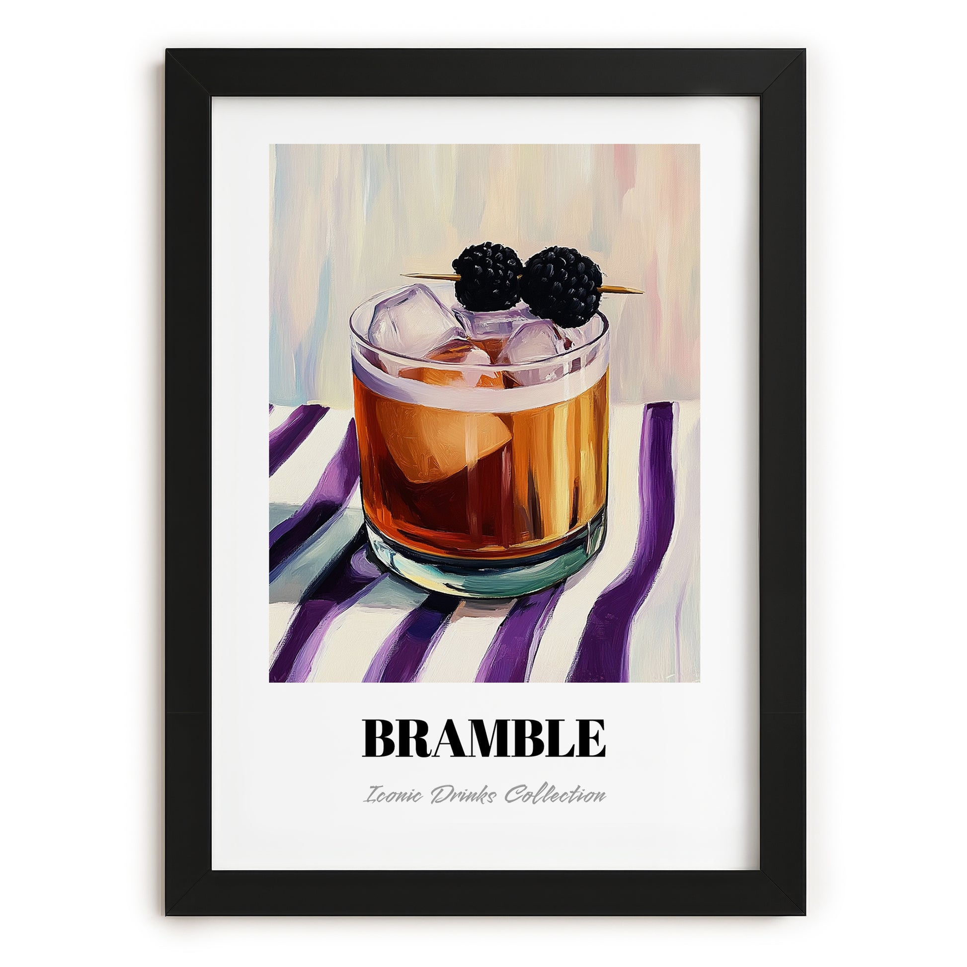 Bramble – on Striped Tablecloth, English Cocktail Wall Decor, in sleek black frame