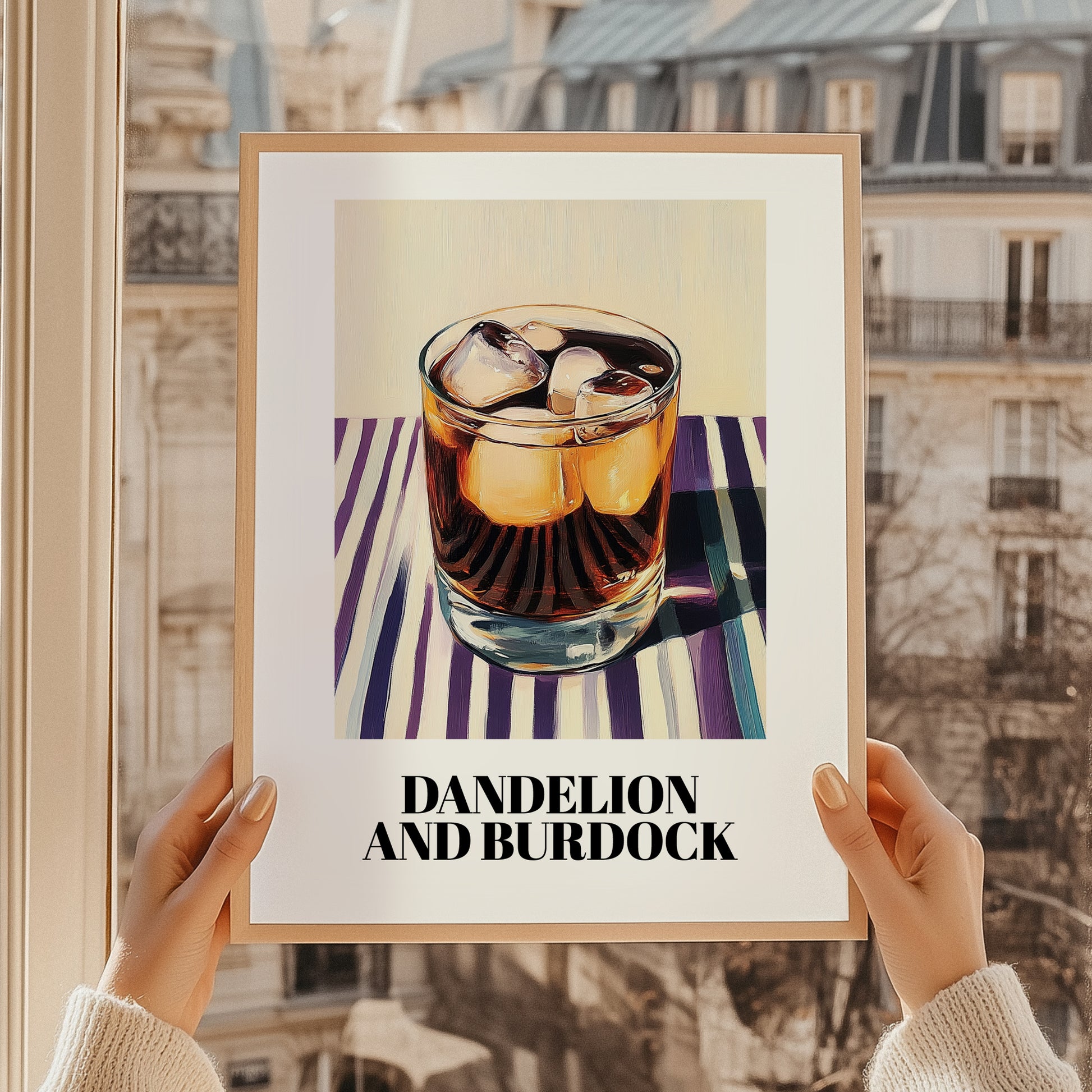 Dandelion And Burdock – on Striped Tablecloth, English Beverage Wall Print, styled in a charming Paris street view