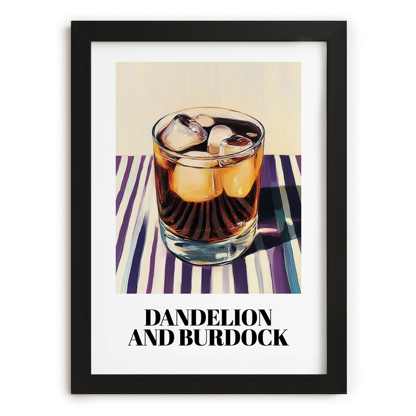 Dandelion And Burdock – on Striped Tablecloth, English Beverage Wall Print, in sleek black frame