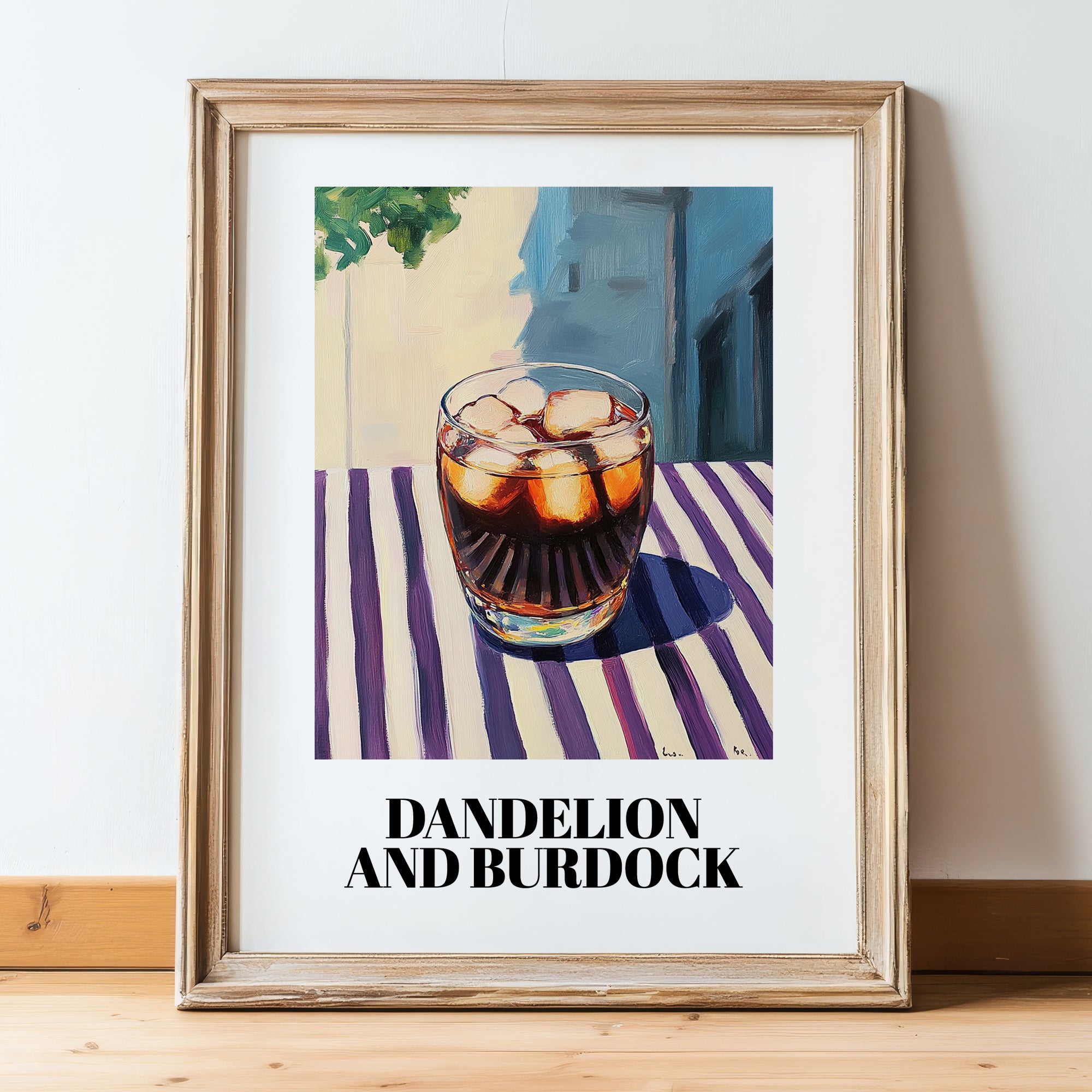Dandelion And Burdock – English Outdoor Café Scene, English Beverage Illustration, in wooden frame leaning on the floor