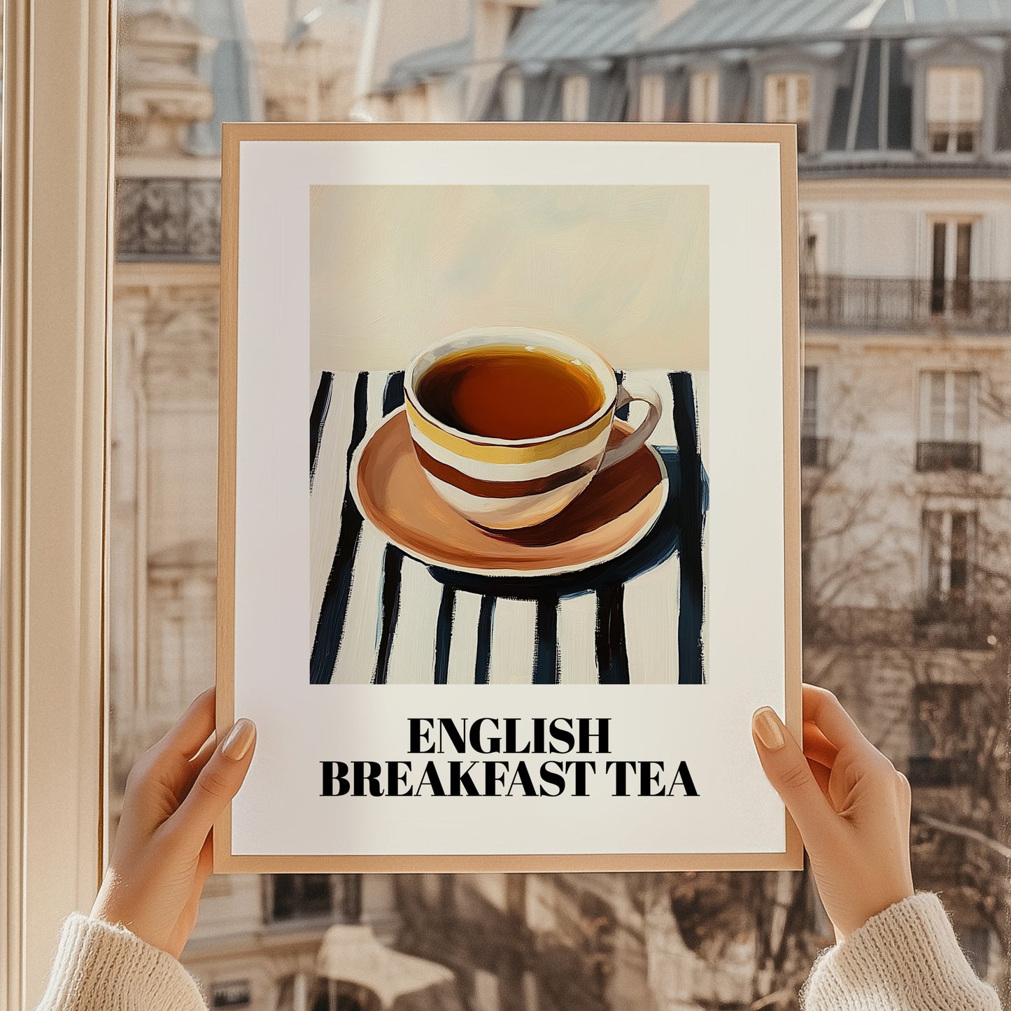 English Breakfast Tea – on Striped Tablecloth, English Tea Still Life, styled in a charming Paris street view
