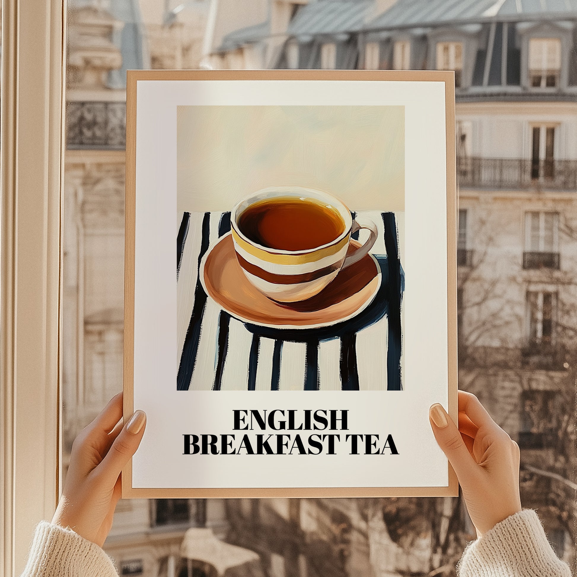 English Breakfast Tea – on Striped Tablecloth, English Tea Still Life, styled in a charming Paris street view