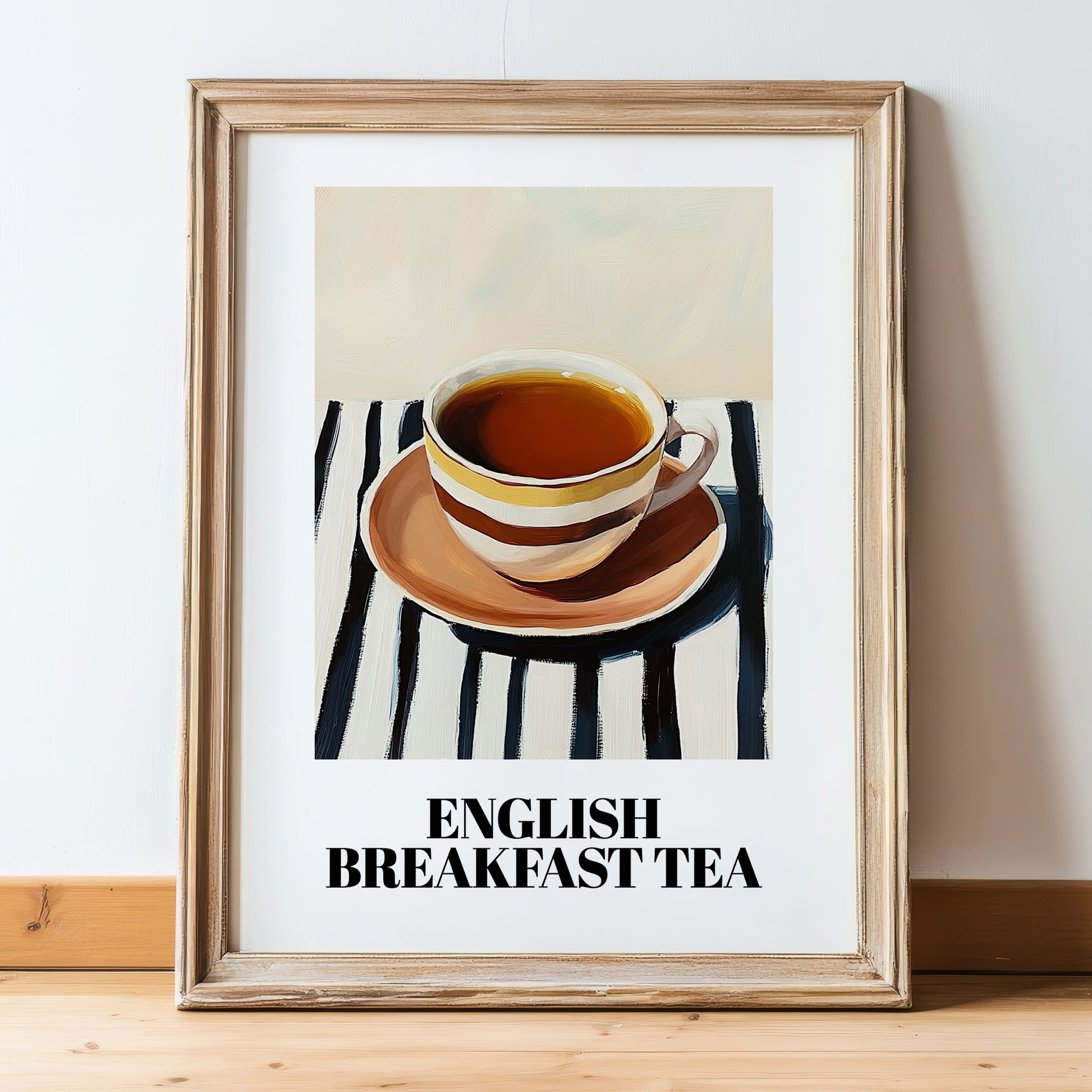 English Breakfast Tea – on Striped Tablecloth, English Tea Still Life, in wooden frame leaning on the floor