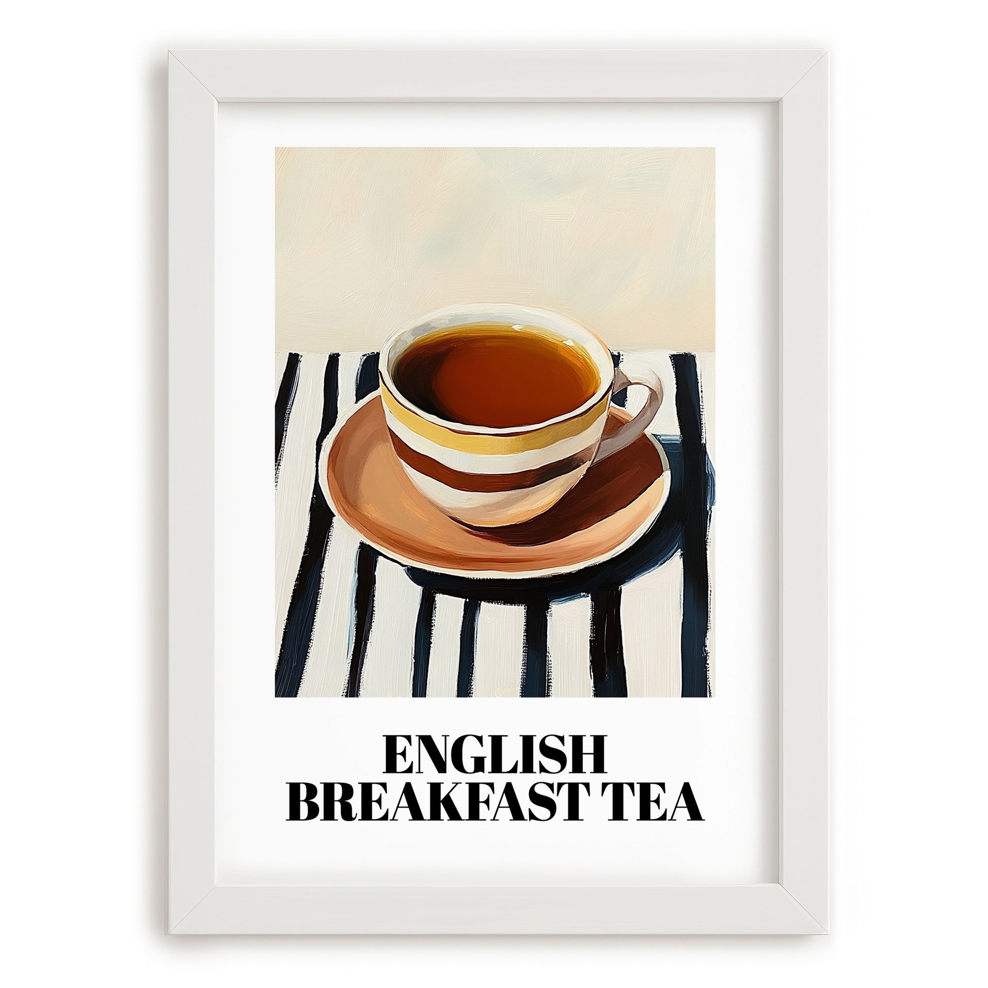 English Breakfast Tea – on Striped Tablecloth, English Tea Still Life, placed in minimal white frame