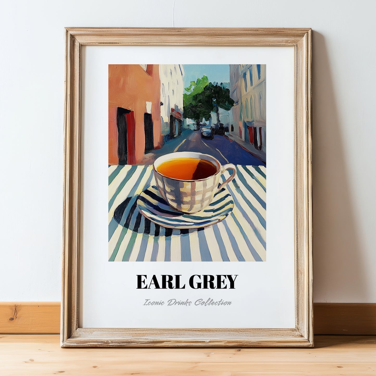 Earl Grey – English Urban Café Scene, English Tea Illustration, in wooden frame leaning on the floor