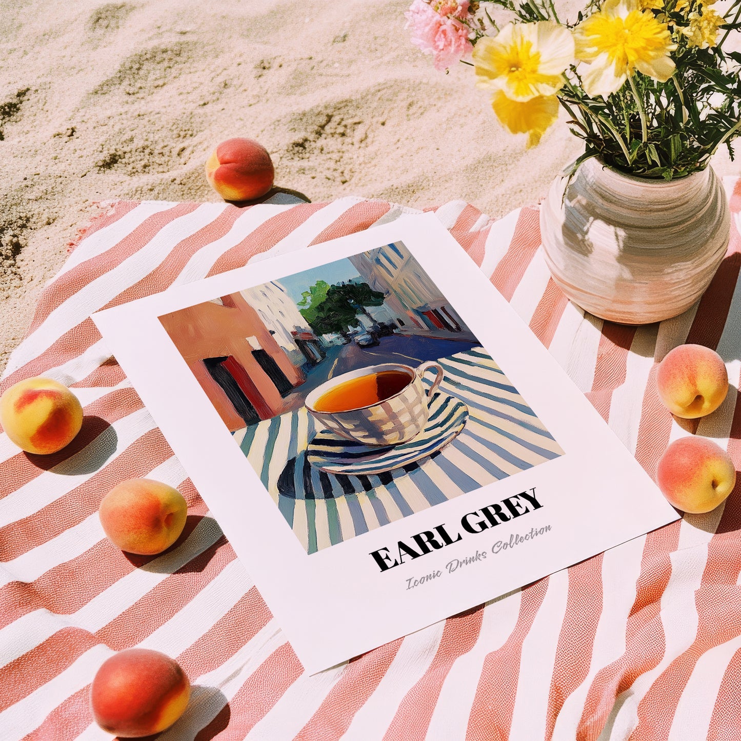 Earl Grey – English Urban Café Scene, English Tea Illustration, unframed on coastal sand