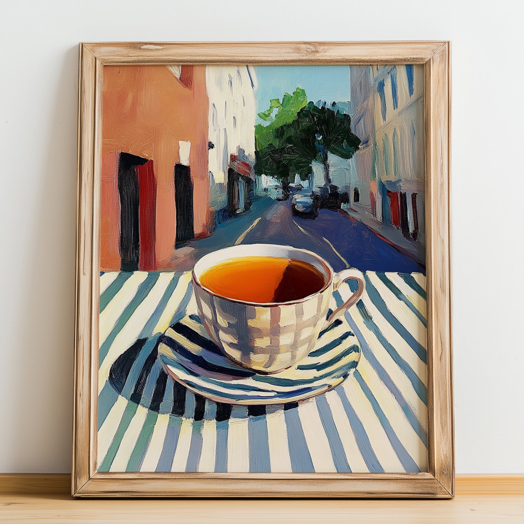 Earl Grey – English Urban Café Scene, English Tea Illustration, no-text version framed in wood