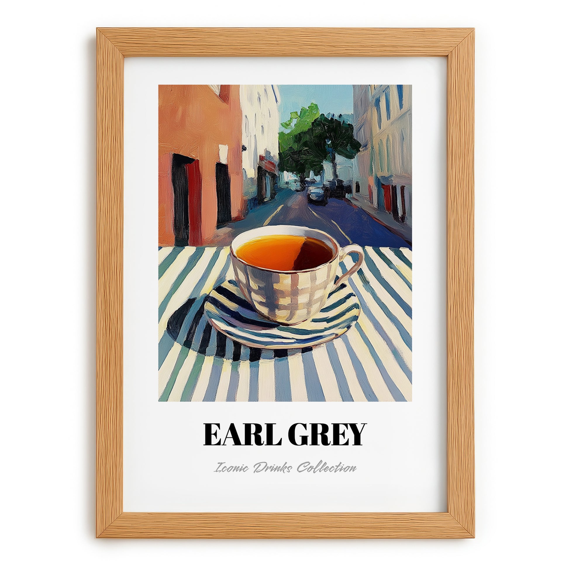 Earl Grey – English Urban Café Scene, English Tea Illustration, set in oak frame