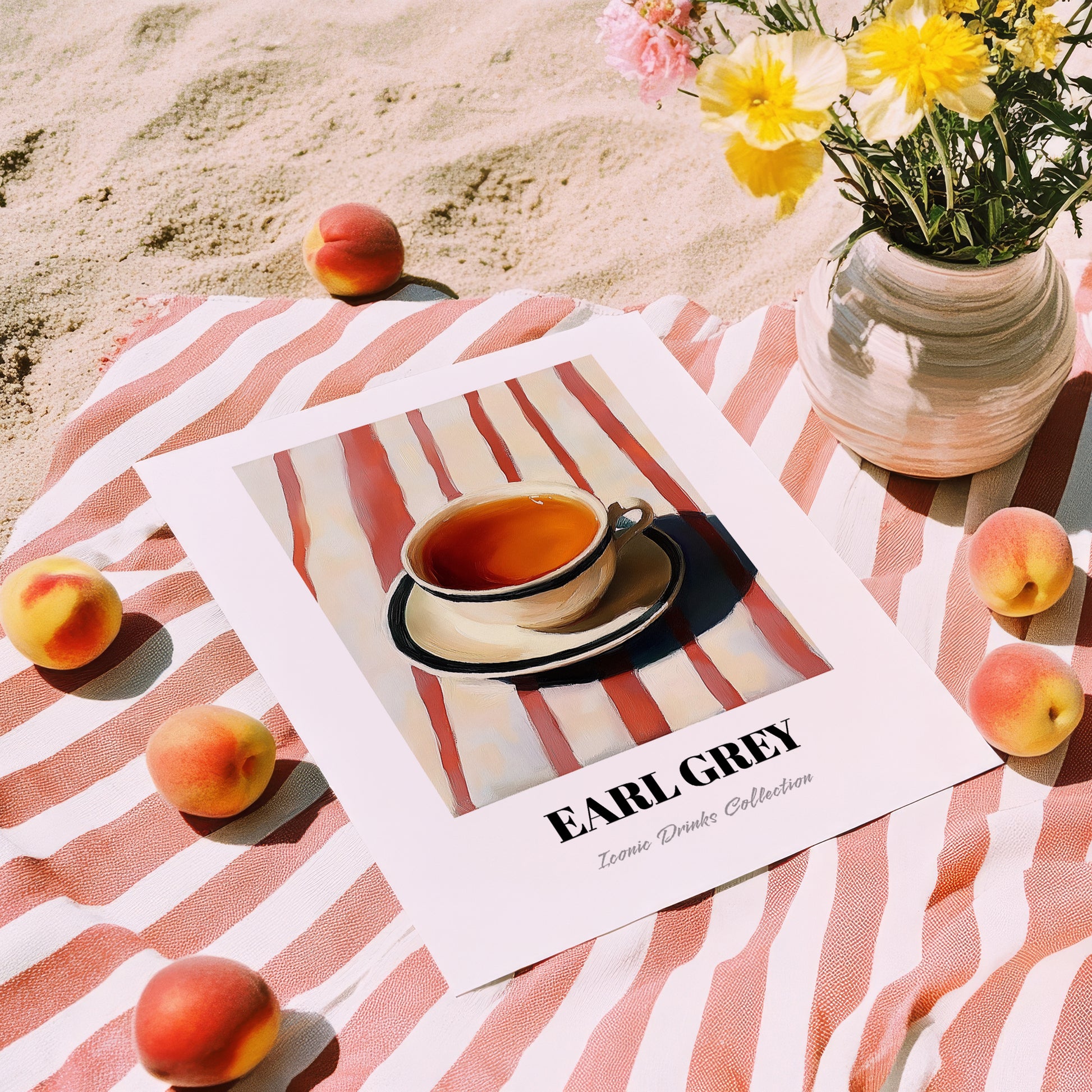 Earl Grey – on Striped Tablecloth, English Tea Still Life, unframed on coastal sand