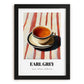 Earl Grey – on Striped Tablecloth, English Tea Still Life, in sleek black frame