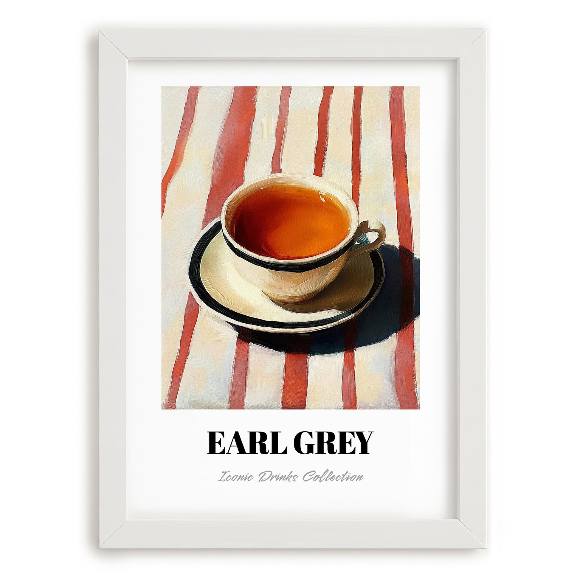 Earl Grey – on Striped Tablecloth, English Tea Still Life, placed in minimal white frame