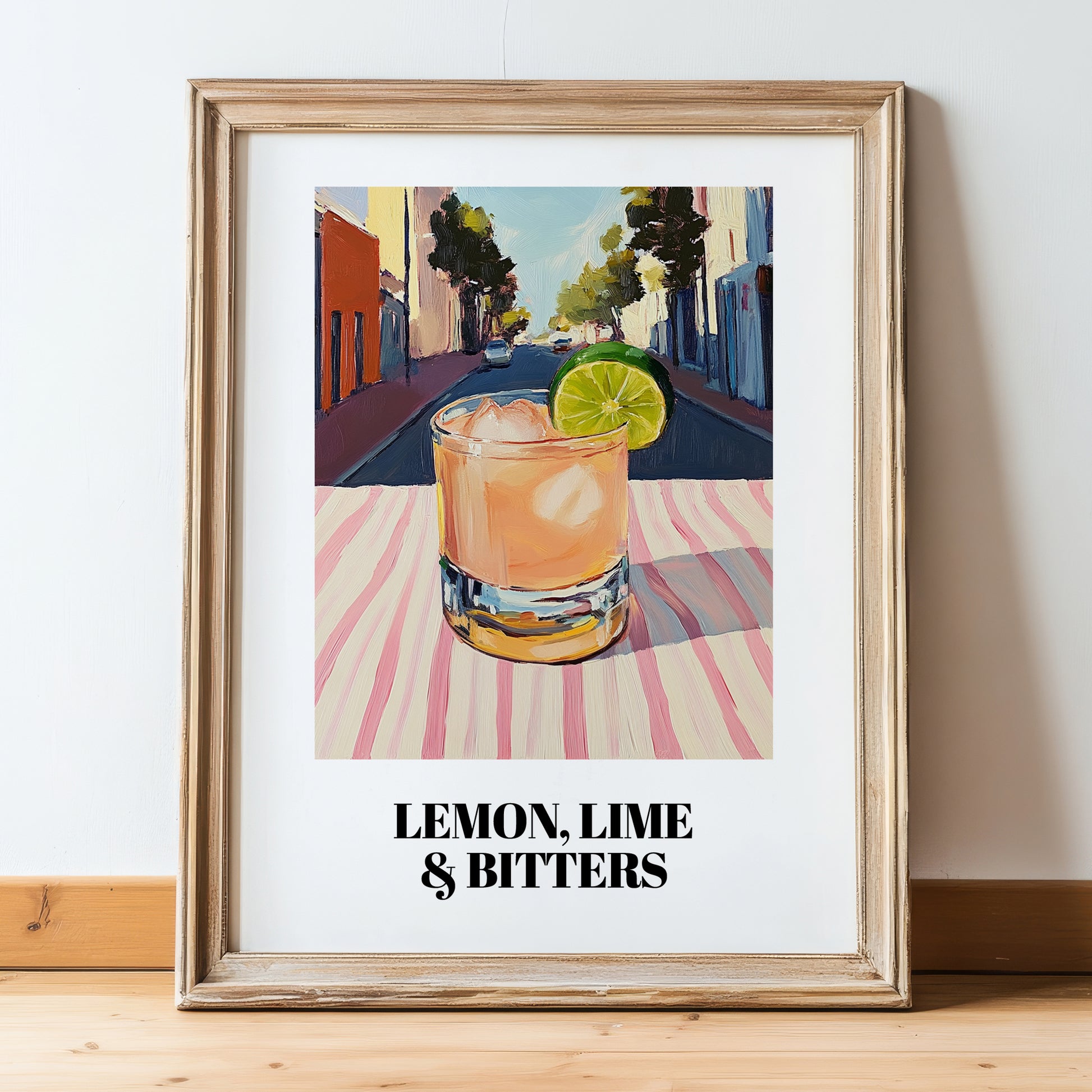 LemonLime & Bitters – Australian Outdoor Café Scene, Australian Beverage Wall Print, in wooden frame leaning on the floor
