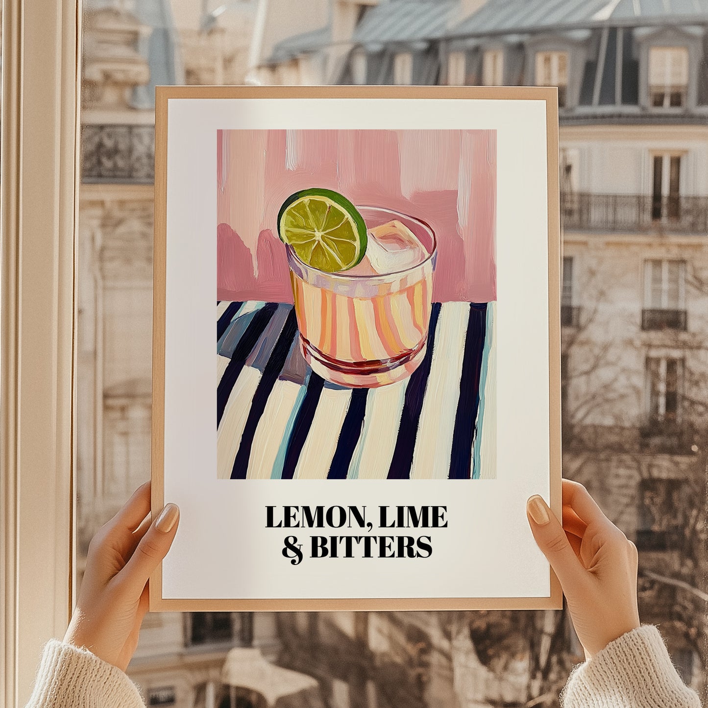 LemonLime & Bitters – on Striped Tablecloth, Australian Beverage Painting, styled in a charming Paris street view