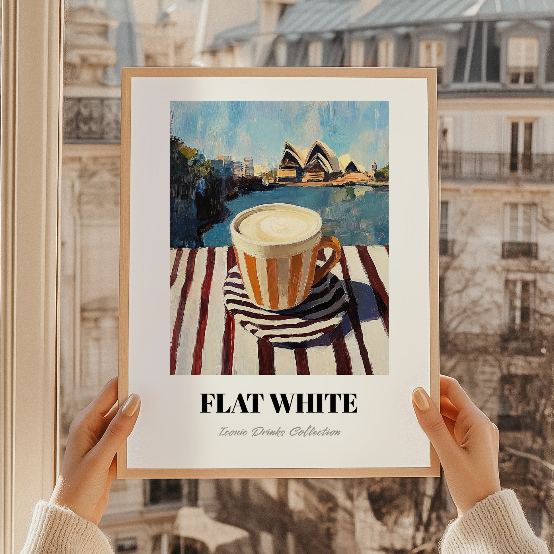 Flat White – Australian Outdoor Café Scene, Australian Beverage Still Life, styled in a charming Paris street view
