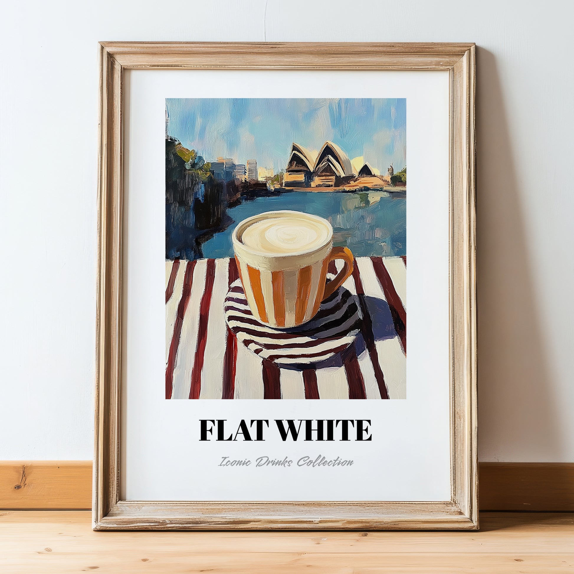 Flat White – Australian Outdoor Café Scene, Australian Beverage Still Life, in wooden frame leaning on the floor