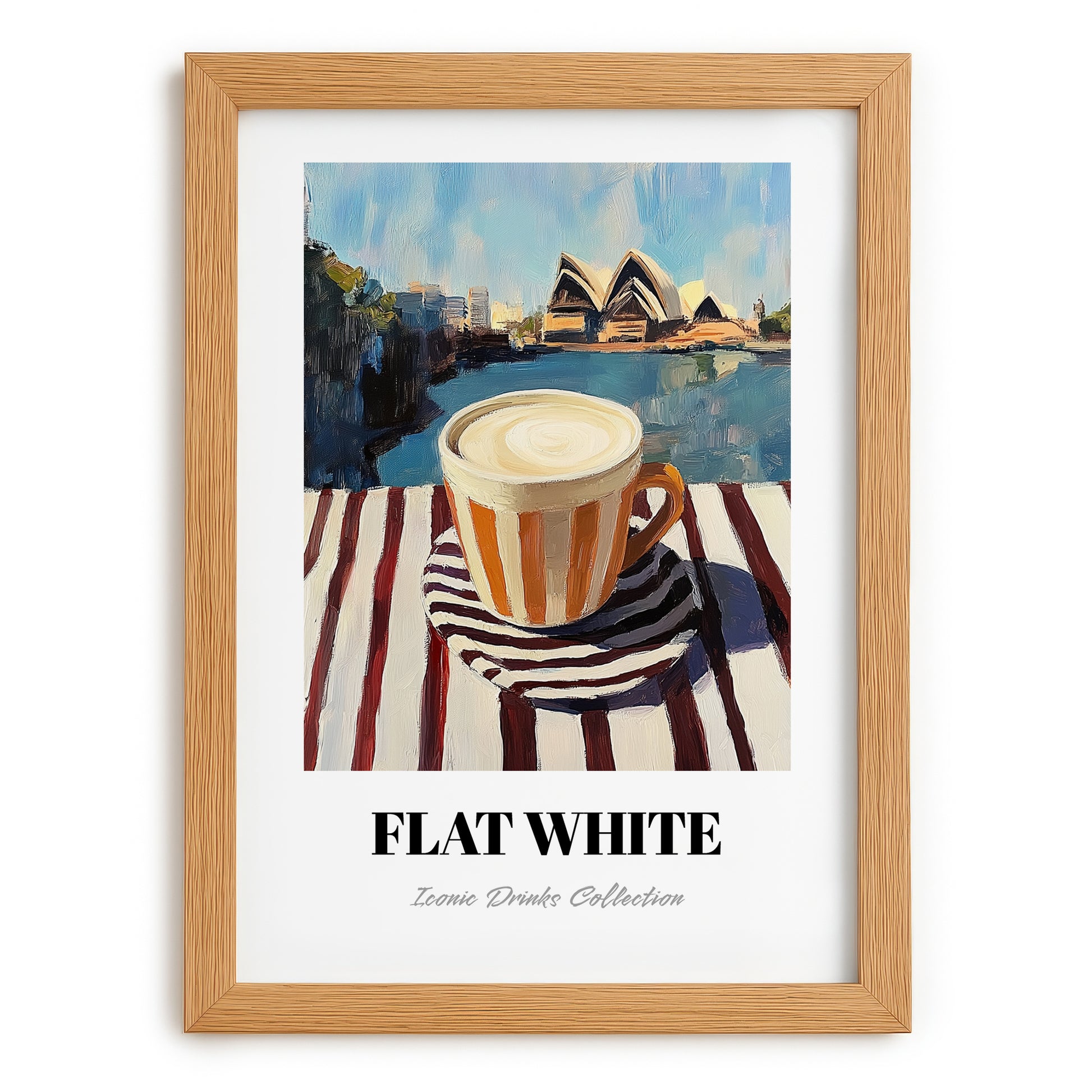 Flat White – Australian Outdoor Café Scene, Australian Beverage Still Life, set in oak frame