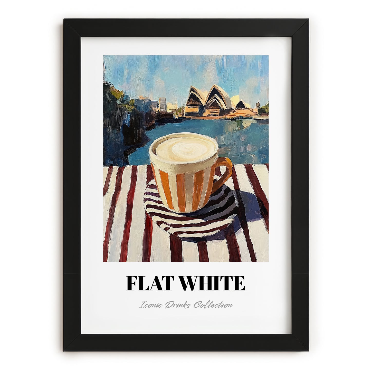 Flat White – Australian Outdoor Café Scene, Australian Beverage Still Life, in sleek black frame