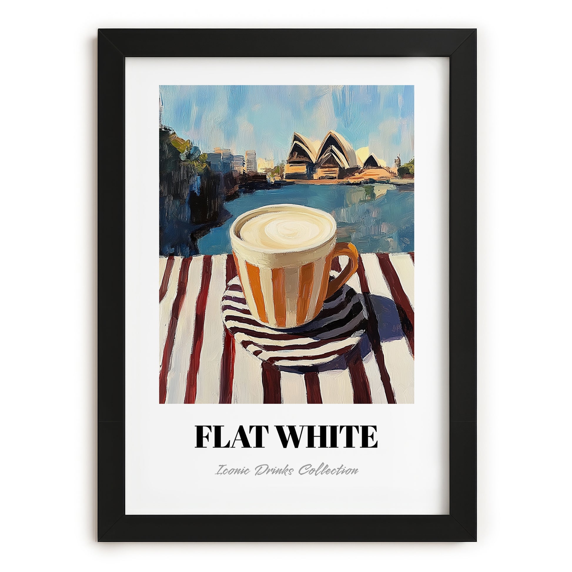 Flat White – Australian Outdoor Café Scene, Australian Beverage Still Life, in sleek black frame
