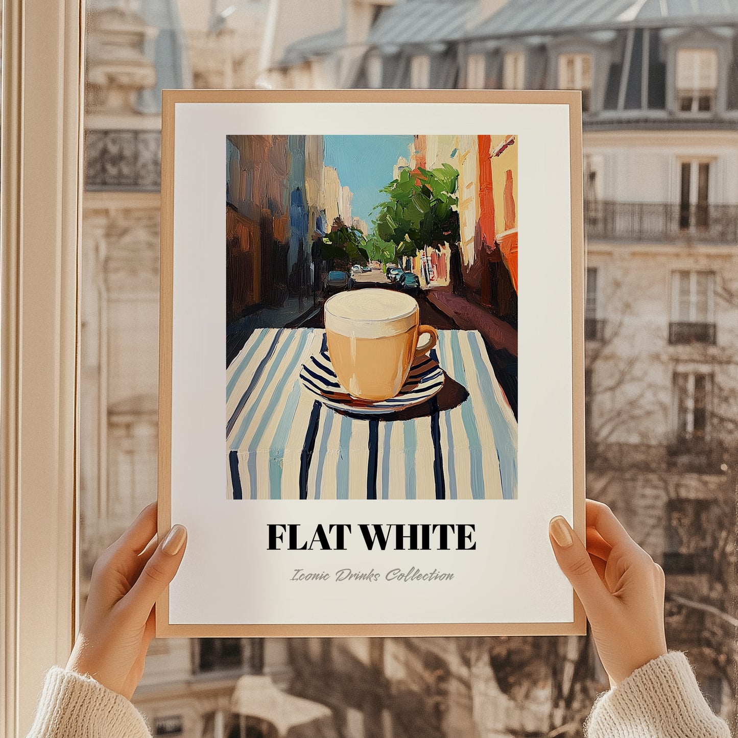Flat White – Australian Street Café Scene, Australian Coffee Wall Decor, styled in a charming Paris street view