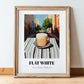Flat White – Australian Street Café Scene, Australian Coffee Wall Decor, in wooden frame leaning on the floor
