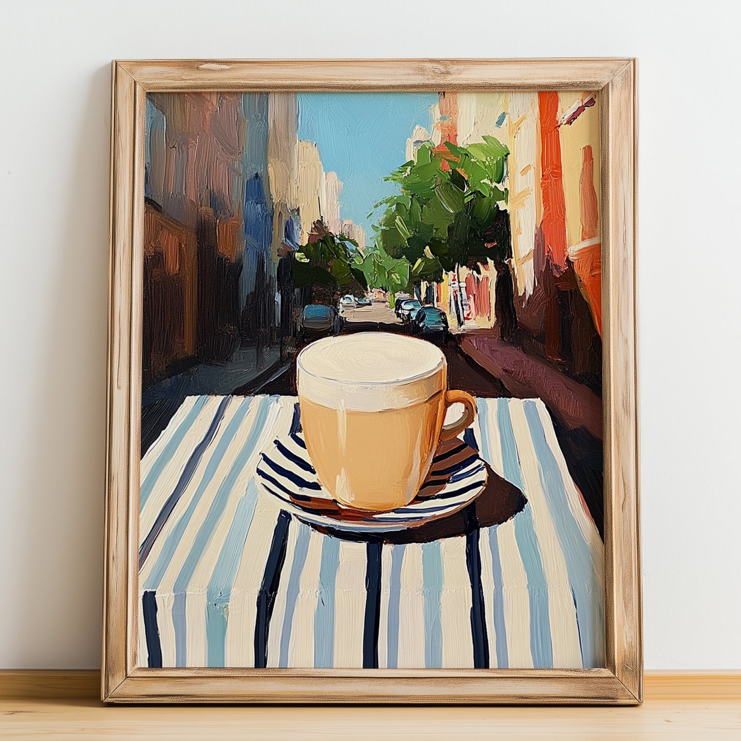 Flat White – Australian Street Café Scene, Australian Coffee Wall Decor, no-text version framed in wood