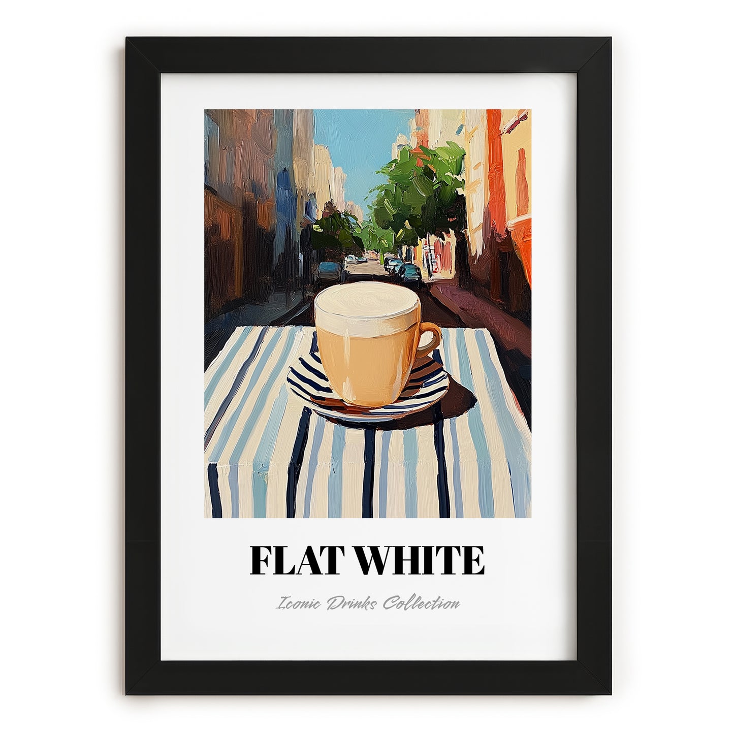 Flat White – Australian Street Café Scene, Australian Coffee Wall Decor, in sleek black frame