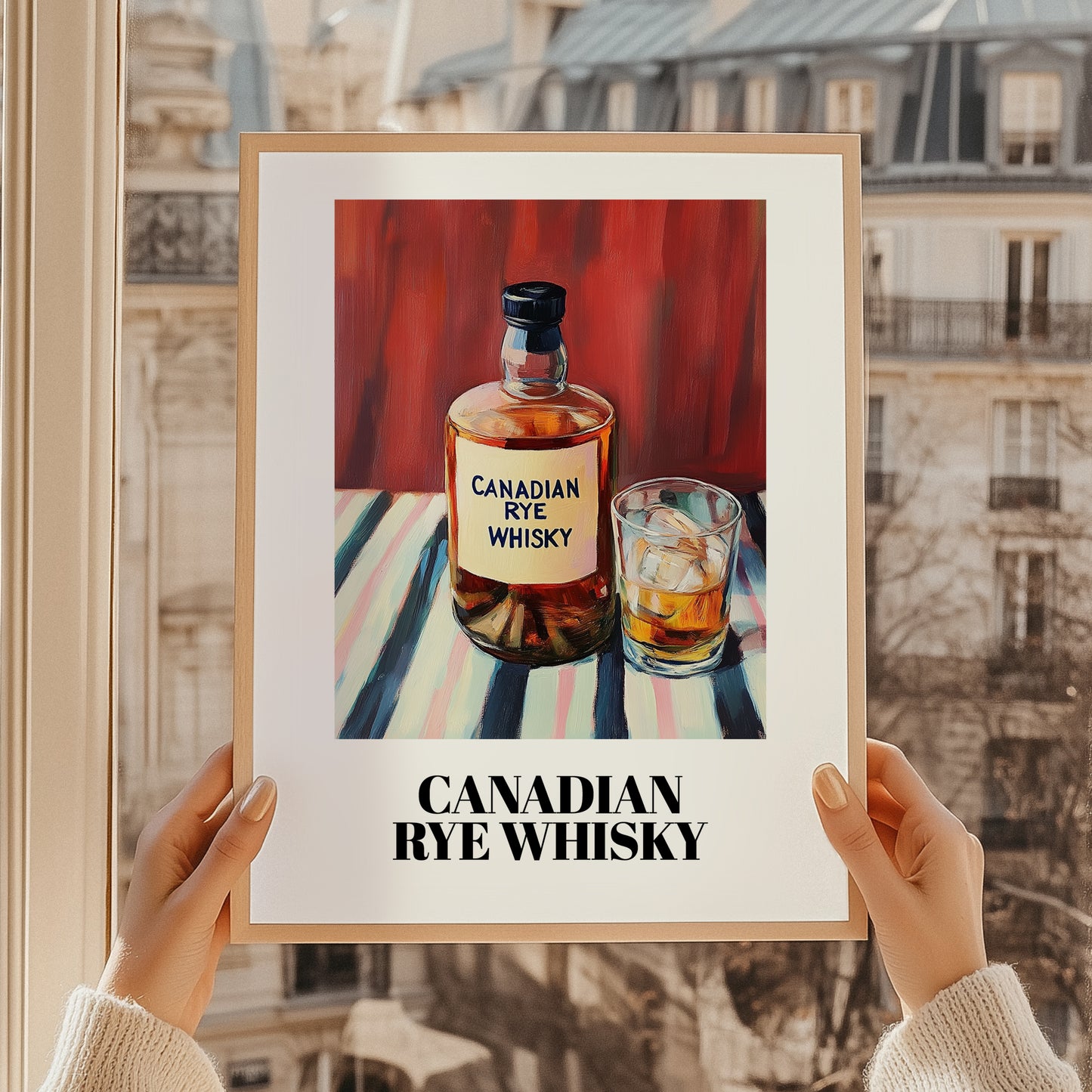 Canadian Rye Whisky – on Striped Tablecloth, Canadian Coffee Wall Decor, styled in a charming Paris street view