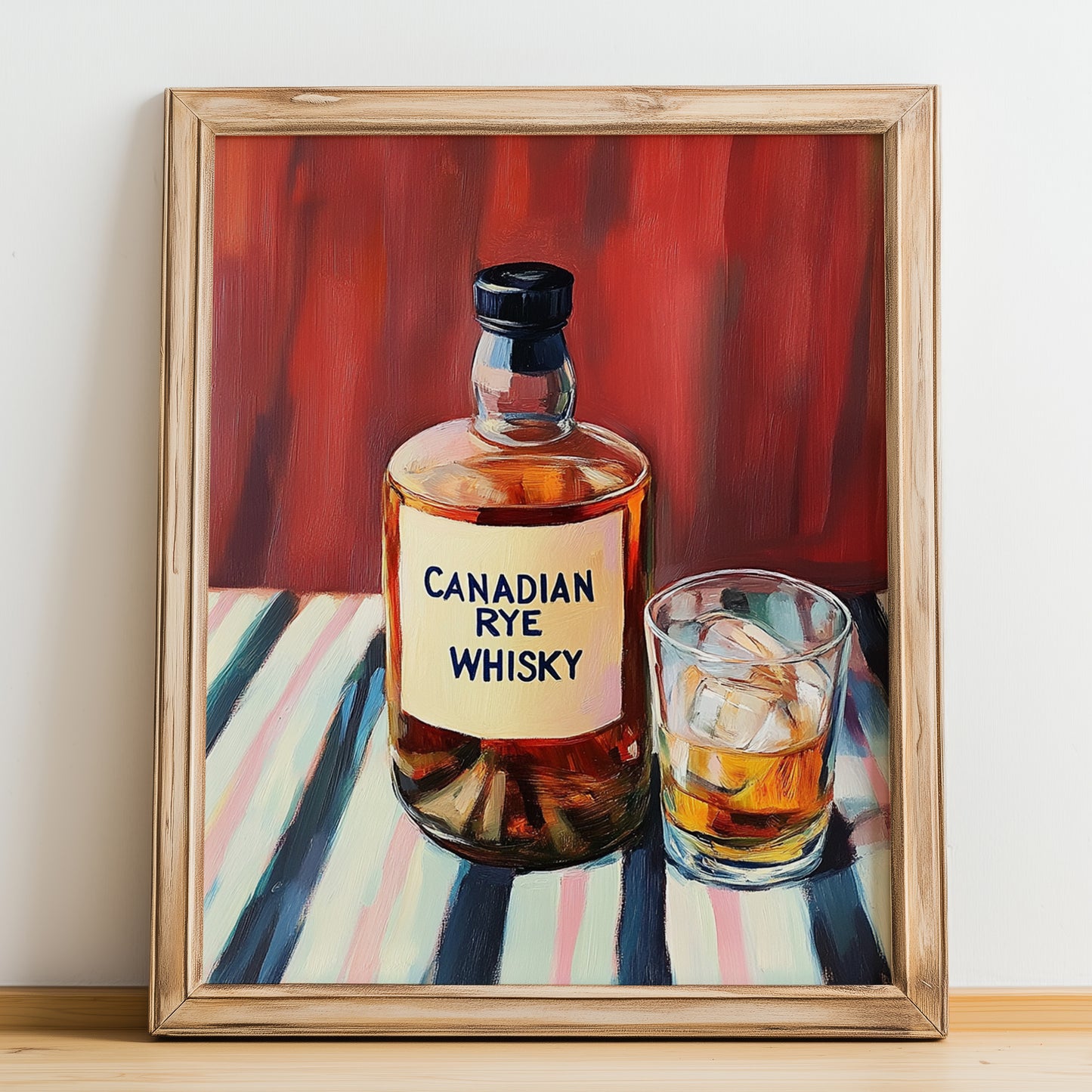 Canadian Rye Whisky – on Striped Tablecloth, Canadian Coffee Wall Decor, no-text version framed in wood