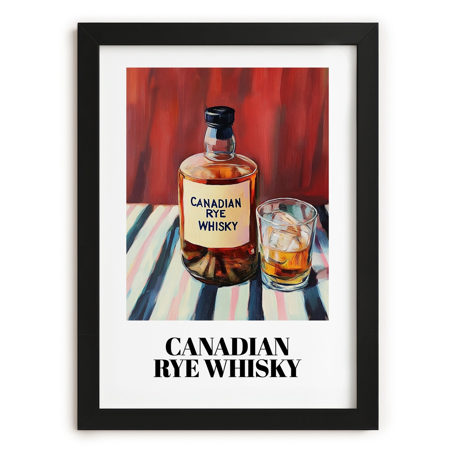 Canadian Rye Whisky – on Striped Tablecloth, Canadian Coffee Wall Decor, in sleek black frame