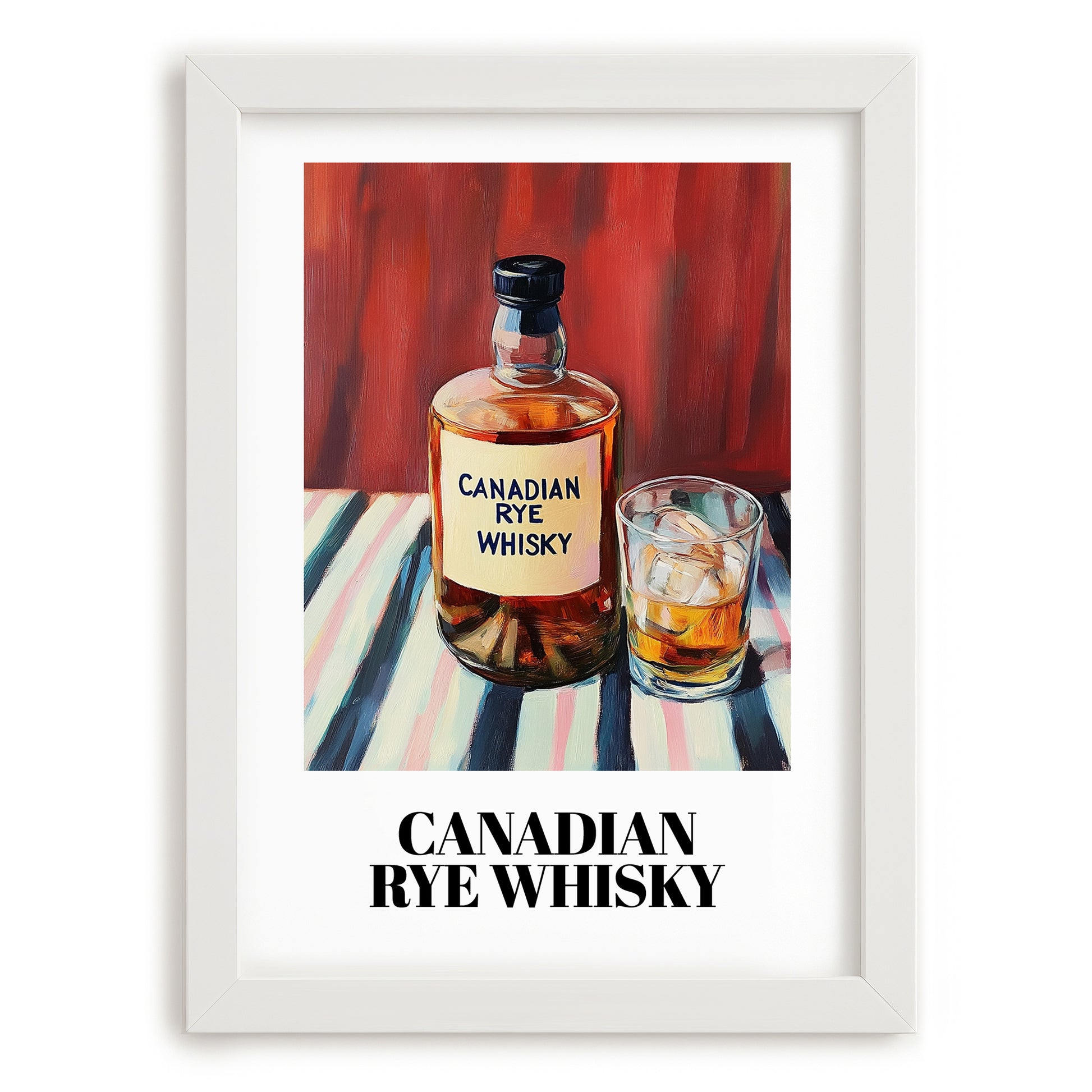 Canadian Rye Whisky – on Striped Tablecloth, Canadian Coffee Wall Decor, placed in minimal white frame